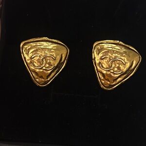 CHANEL Gold Triangle Logo Stud Earrings
